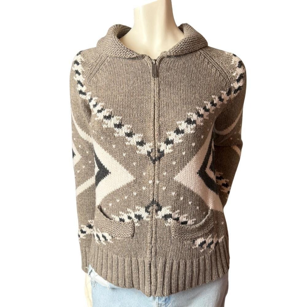 Vintage Y2K Kismet Zip Up Cardigan Wool Geometric Intarsia Knit Cowl Neck M